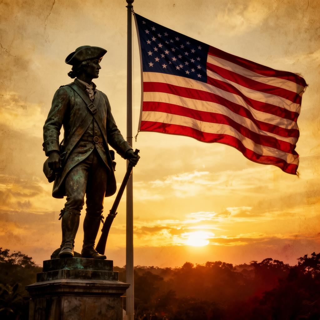 Bronze Revolutionary War minuteman statue beside a waving American flag at sunrise